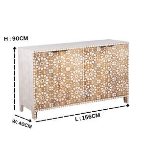 Wooden <b>Sideboard</b> Cabinet with Geometric Inlay Pattern | White & Gold <b>Storage</b> Console with Metal Legs | Contemporary Living Room - Product Image 5