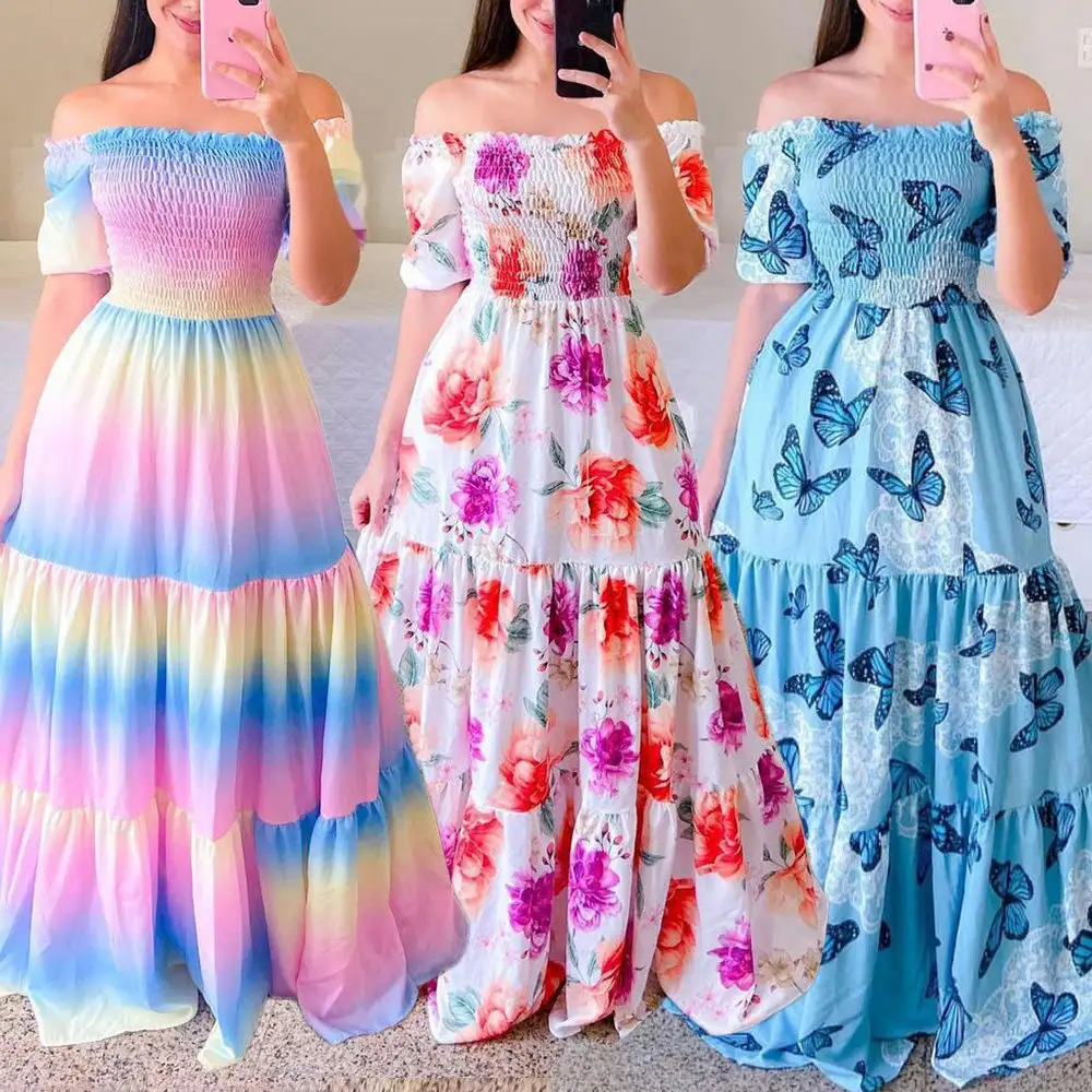 Summer Ladies Fashion Y2k Soild Color Long Floral One-shoulder Women Casual Maxi Dress
