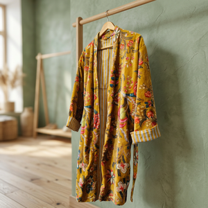 Robe kimono élégante en velours imprimé floral jaune, longue, à nouer, pour l'extérieur, toutes saisons, pour femme - Product Image 1