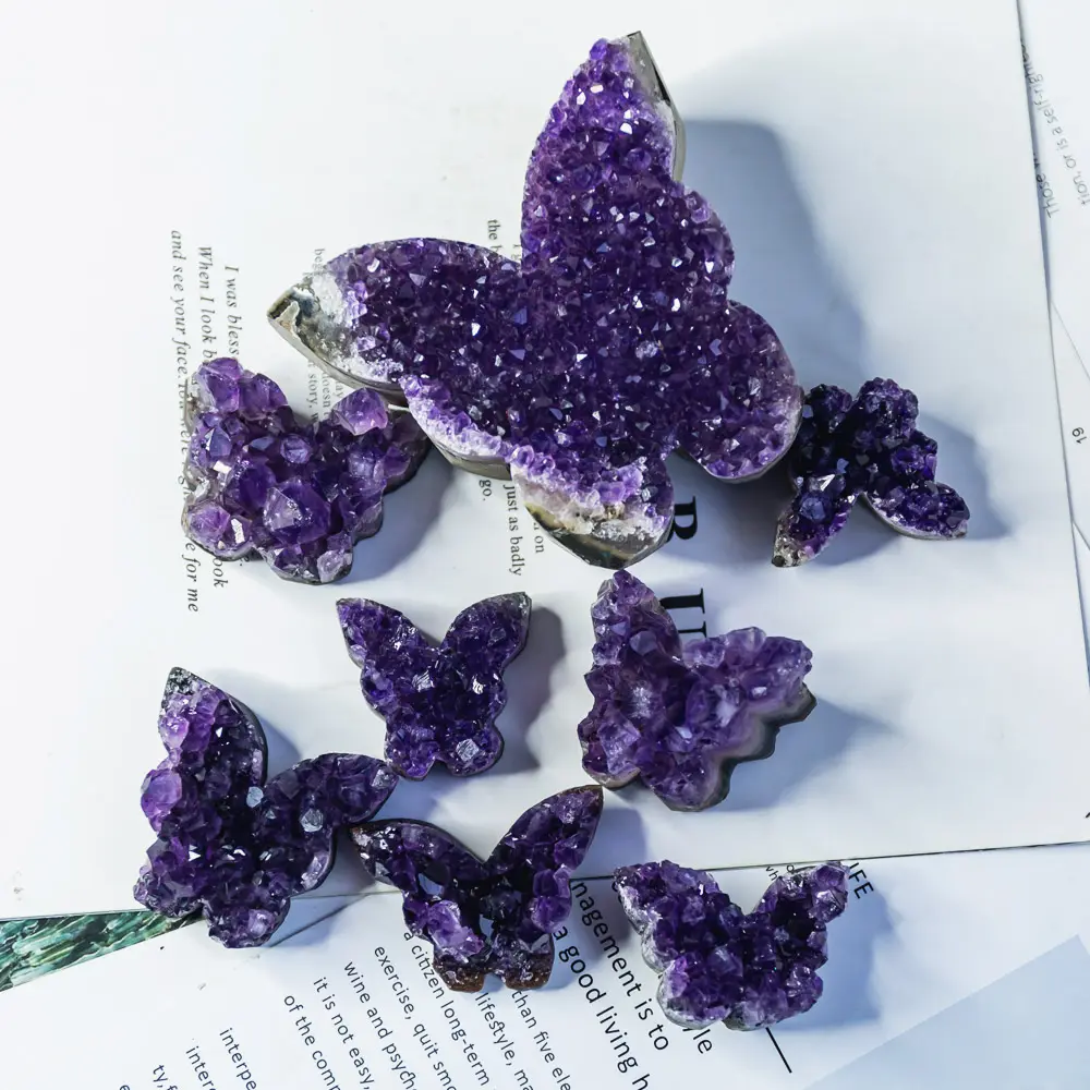 High Quality Natural Polished Folk Crafts Gemstone Amethyst Butterflies Cluster Crystal Geode For Gifts