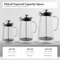 Cafetière à piston à base large cannelée en verre borosilicate 350ml 650ml 1000ml avec filtre à piston en métal fin