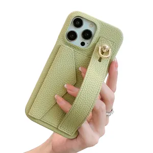 女士手包荔枝纹皮革手机套适用于iPhone 15 Pro Max 14 13 12 PU腕带信用卡钱包手机套