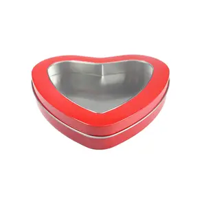 Wholesale Heart Shaped Cookies Chocolate Packaging Tin Box Red Colored Tin Box Cookie With See Through Window