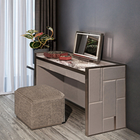 Table de maquillage moderne de luxe en cuir avec miroir éclairé par LED et tiroirs de rangement, coiffeuse avec tabouret pour chambre à coucher
