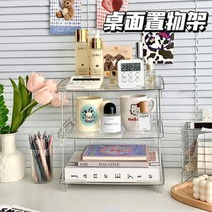 Transparent Stackable Desk <b>Storage</b> Rack Double Tier Plastic Organizer For Office Or Dorm Use - Product Image 2