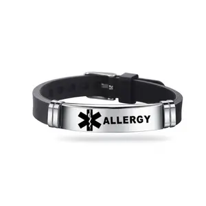 SC all'ingrosso Custom Fashion Logo bracciale inciso in acciaio inossidabile braccialetti di allarme medico in Silicone nero per uomo