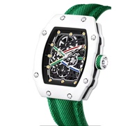 Montre mécanique squelette tendance pour homme avec boîtier tonneau, mouvement visible et bracelet textile orange