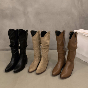 Botas de montar de tacón grueso plisadas hasta la rodilla para mujer, estilo occidental, ajuste ceñido, diseño que favorece la pierna, Colección Otoño/Invierno 2026 - Product Image 1