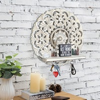 Décoration murale vintage bohème en bois sculpté rond avec design ajouré, crochets pour étagère murale pour la maison, le café et l'entrée