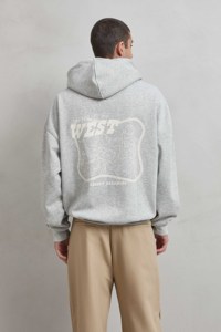 Sweat à capuche gris chiné en mélange polyester/coton, coupe ample et carrée, intérieur douillet, imprimé 3D brodé 'TIME GO WEST', 460 GSM - Product Image 2