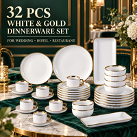 Lot de 32 pièces de vaisselle de luxe en porcelaine à bord doré, assiettes en céramique blanches en gros pour hôtels 5 étoiles et restaurants