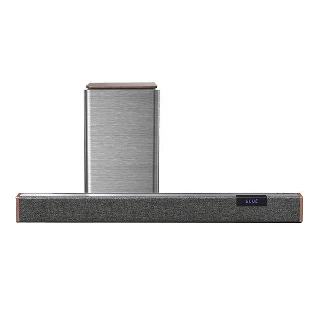 Pure wooden bar-shaped indoor home theater speakers, equipped with an external standalone subwoofer and wireless microphone