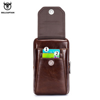 BULLCAPTAIN Sac banane décontracté en cuir véritable pour homme avec fermeture éclair, pochette pour téléphone avec logo tête de taureau en relief, étui pour téléphone