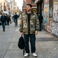 Blouson Bomber Homme Vert Olive Imprimé Urbain Respirant Coupe-Vent Style Vintage Vêtement de Travail Col Montant Personnalisé Haute Qualité Décontracté