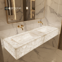 Lavabo moderne rétroéclairé en quartz blanc pour salle de bain de luxe, double vasque translucide en surface solide pour hôtel et centre commercial