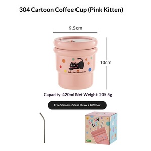 Tazza da <span class=keywords><strong>Caffè</strong></span> in Acciaio Inox 304 con Design Gatto Carino, Bicchiere con Cannuccia e Coperchio Personalizzabile - Product Image 6