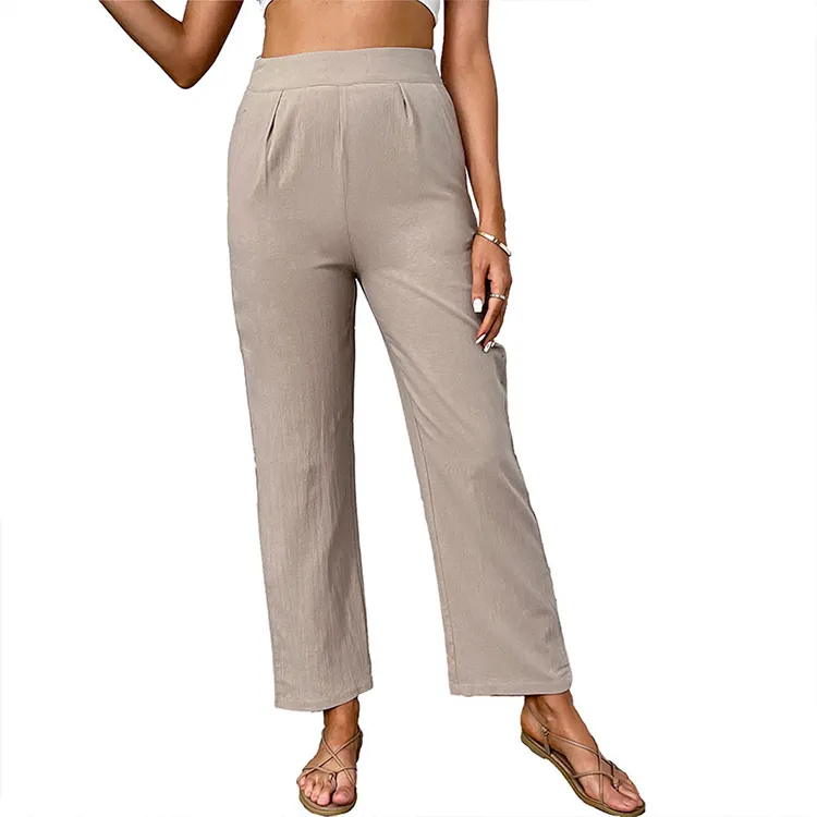 Mode décontracté été coton chanvre pantalon taille haute solide culture jambe droite pantalon pour les femmes