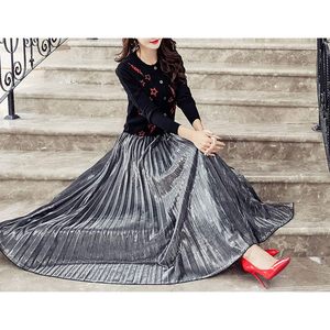 Women's <b>Metallic</b> Shiny Pleated Maxi Long <b>Skirt</b> Regular Waist Chiffon Fabric - Product Image 3