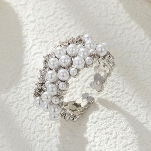 MyMuyu Pearl Zirconia <b>Open</b> <b>Ring</b> Adjustable Wave Flower Design Wedding Fashion <b>Ring</b> - Product Image 1