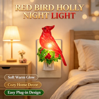 Veilleuse LED rouge de Noël en forme d'oiseau cardinal, rotative à 360°, lumière douce et chaude, avec baies de houx, décoration de fêtes, cadeau en gros