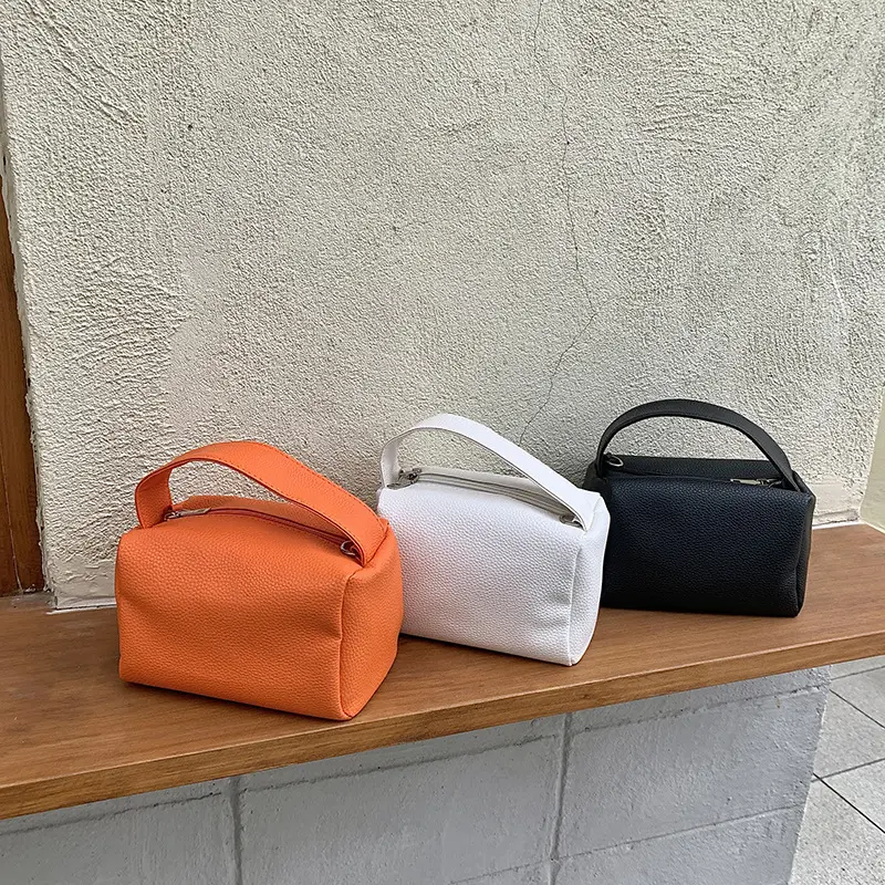 Korean Design Lychee Pattern Orange Portable Shoulder Diagonal Bag Trendy Soft Leather Square Handbag
