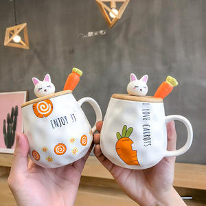 Mug en céramique avec couvercle et cuillère, motif lapin de dessin animé mignon et carotte, pour café, thé, ensemble de vaisselle, tasse individuelle, cadeau - Product Image 5