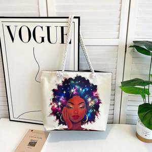 Wholesale African <b>Black</b> Girl Art Print Shoulder Handbags Custom Logo Fun Cartoon Pattern <b>Canvas</b> Tote <b>Bag</b> with Rope Handle - Product Image 5