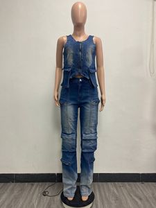 Completo Due Pezzi in Denim alla Moda Think <span class=keywords><strong>Cargo</strong></span> per <span class=keywords><strong>Donna</strong></span>, Top Elasticizzato con Scollo a V e Zip Irregolare, Pantaloni <span class=keywords><strong>Larghi</strong></span> Lavati per Primavera Estate - Product Image 6