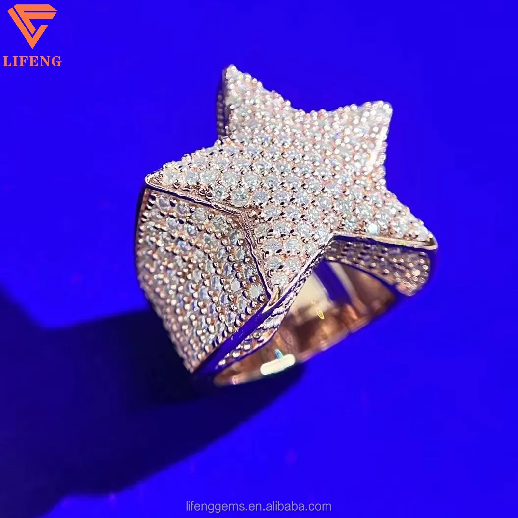 Customized S925 Silver Iced Out Star Ring Chunky Gold Plated VVS Moissanite Diamond Index Cuban Fashion Jewelry Rings For Men