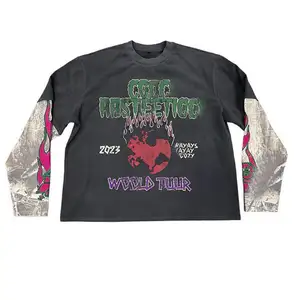Custom Logo Heavy Weight 100% Cotton Boxy Graphic Oversized Acid Wash Mens Double Layer Long Sleeves T Shirt
