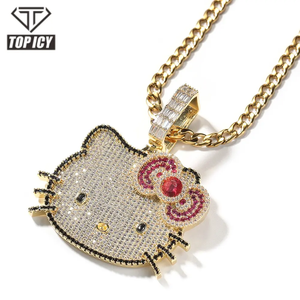 Üst Icy yeni tasarım kadınlar kız sevimli Hello Kitty kedi kolye kolye altın kaplama ile tam elmas karikatür kolye