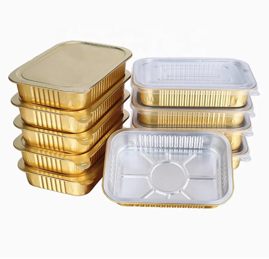 プレミアム品質の使い捨て食品グレードのアルミホイルパンは、ふた付きの金色のアルミホイル容器/トレイを輸入および輸出します