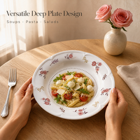 Assiette creuse en céramique de 8 pouces, motif floral vintage, avec nœud, compatible micro-ondes, pour salade et dîner, plat de service domestique pour cuisine et restaurant