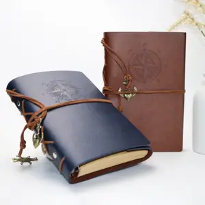 Custom Faux Vintage A7 Pu Cover Blank Kraft Paper Leather Diaries with Retro Charms