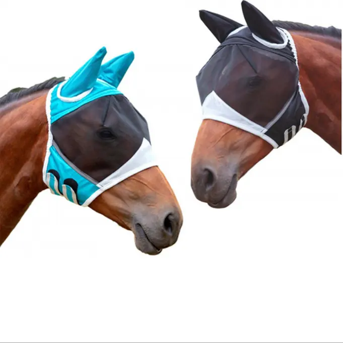 Masque anti-mouches pour chevaux équestre de qualité supérieure en matériau souple et respirant avec protection anti-UV pour les oreilles