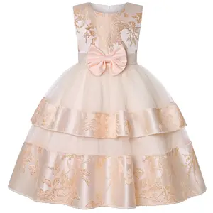 Chiffon dress for girl kids pink and beige teenager girl performance dress lace decoration sleeveless party dress