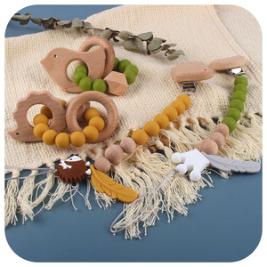 2 adet/takım ahşap silikon bebek diş kaşıyıcı diş çıkarma bilezik emzik tutucu klip silikon boncuk bebek kukla zinciri - Product Image 1