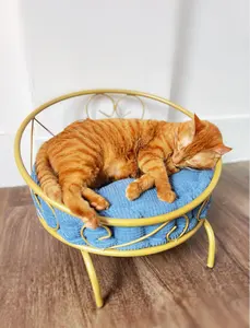 Bantal hewan peliharaan lembut mewah bulat, tempat tidur anjing kucing dengan bingkai logam sarang hewan peliharaan