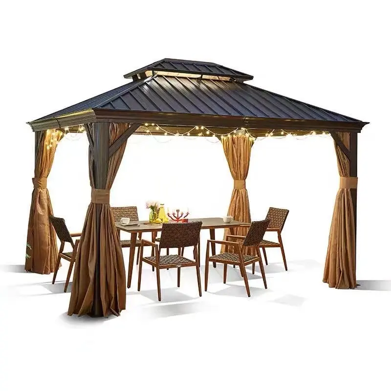 Professioneller Hardtop 3 x 3,65 Outdoor Aluminium-Gazebo mit Galvanisiertem Stahl-Doppeldach mit Vorhänge und Netz für den Garten