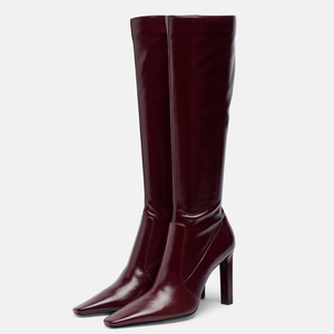 Women Solid Side Zipper Long Boots <b>High</b> Chunky Heels <b>Knee</b>-<b>high</b> Booties Square Toe Sexy Stiletto Shoes - Product Image 1