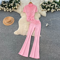 Ensemble haut à manches courtes froncé et pantalon évasé pour femme, idéal printemps-été, décontracté, pour le quotidien, coupe ajustée, 2 pièces