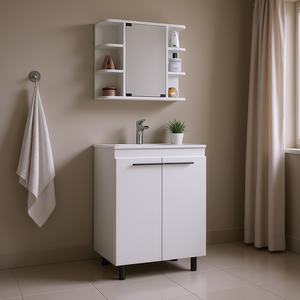 Ensemble de salle de bain blanc avec armoire miroir et vasque, design minimaliste pour le rangement et l'organisation de la salle de bain - Product Image 2