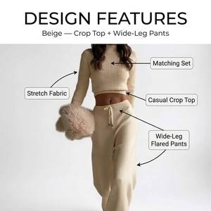 Ensemble deux pièces long pour <span class=keywords><strong>femme</strong></span> en Spandex et Polyester extensible, tenue décontractée assortie, crop top et <span class=keywords><strong>pantalon</strong></span> évasé, été, vente en gros OEM - Product Image 3