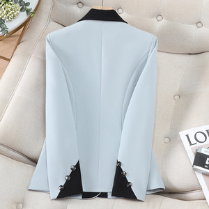 Women's Red Blazer With Black Lapel And Cuffs Slim Fit Solid Color Wool Blend Suit Top For Office Wear - Product Image 3