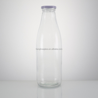 Bouteille en verre ronde transparente de 1L (1000ml) pour lait, jus et autres liquides, avec couvercle métallique – Vente en gros