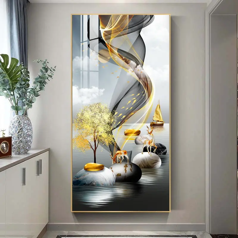 Luxe Huisdecoratie Abstract Dier Gouden Boom Canvas Prints Muur Kunst Kristallen Glas Muur Schilderij Decoratie