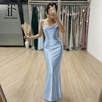 Robe de soirée longue en satin bleu clair sur mesure, asymétrique à une épaule, col drapé, taille froncée, coupe fourreau, marque privée OEM