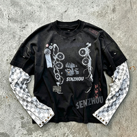 Camiseta de Manga Larga con Estampado Gráfico Personalizado, Corte Cuadrado, Estilo Urbano, Efecto Deslavado al Sol, Lavado Ácido, Doble Capa