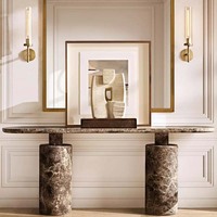 Table console scandinave haut de gamme en marbre bronze, à deux niveaux, avec bases cylindriques et bord arrondi, plateau long en forme de pilule, pour entrée, personnalisable OEM/ODM