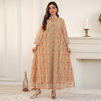 Robe longue musulmane pour adultes, style vintage, imprimé floral, en polyester respirant, en mousseline de soie, col montant, manches longues, kaftan maxi